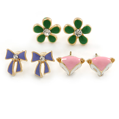 Children's/ Teen's / Kid's Green Daisy, Purple Bow, Pink Fox Stud Earring Set In Gold Tone - 10-12mm
