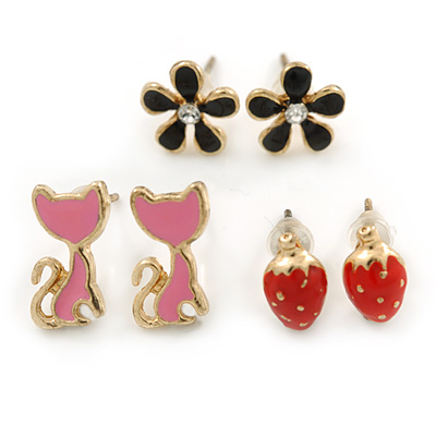 Children's/ Teen's / Kid's Black Flower, Red Strawberry, Pink Cat Stud Earring Set In Gold Tone - 10-12mm - main view