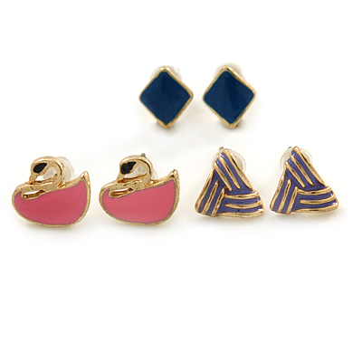 Children's/ Teen's / Kid's Pink Swan, Blue Square, Purple Triangular Stud Earring Set In Gold Tone - 8-10mm (Set of 3 Studs)