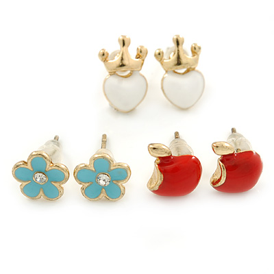Children's/ Teen's / Kid's Light Blue Flower, Red Apple, White Heart Stud Earring Set In Gold Tone - 8-10mm