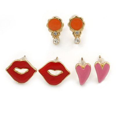 Children's/ Teen's / Kid's Pink Heart, Red Lips, Orange Mirror Stud Earring Set In Gold Tone - 10-12mm - main view