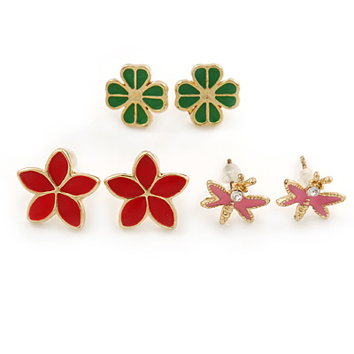 Children's/ Teen's / Kid's Pink Dragonfly, Red Daisy, Green Clover Stud Earring Set In Gold Tone - 10-14mm (Set of 3 Studs)