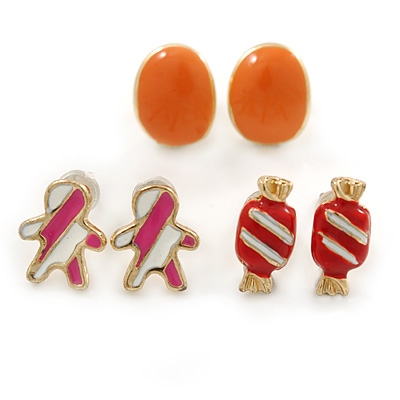 Children's/ Teen's / Kid's Red Candy, Pink Gingerbead Man, Orange Oval Stud Earring Set In Gold Tone - 10mm (Set of 3 Studs)