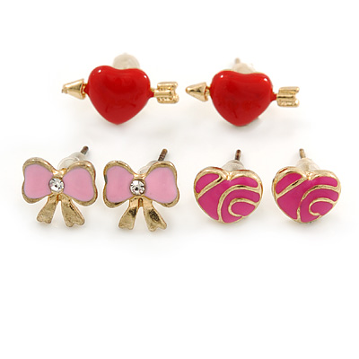 Children's/ Teen's / Kid's Pink Bow, Red Heart, Deep Pink Heart Stud Earring Set In Gold Tone - 8-10mm
