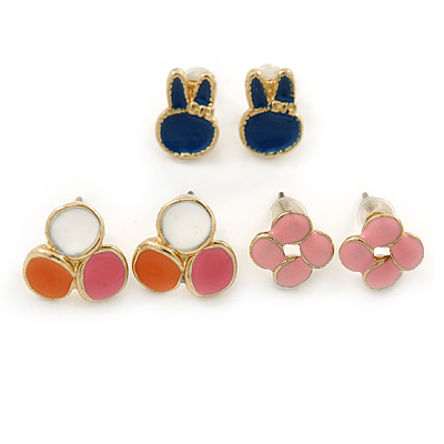 Children's/ Teen's / Kid's Blue Bunny, Pink Flower, Orange/ White Triple Circle Stud Earring Set In Gold Tone - 8-10mm