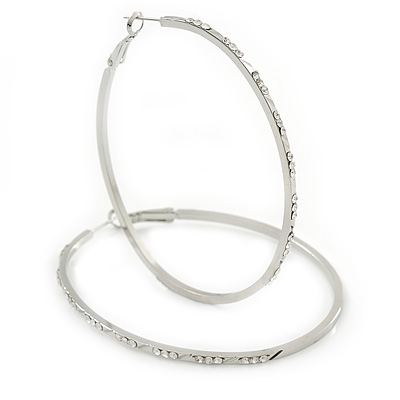 Large Oval Crystal Hoop Earrings In Rhodium Plating - 70mm L
