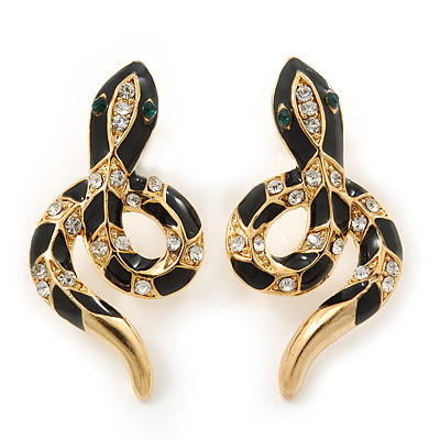 Gold Tone, Black Enamel, Crystal Snake Stud Earrings - 37mm Length