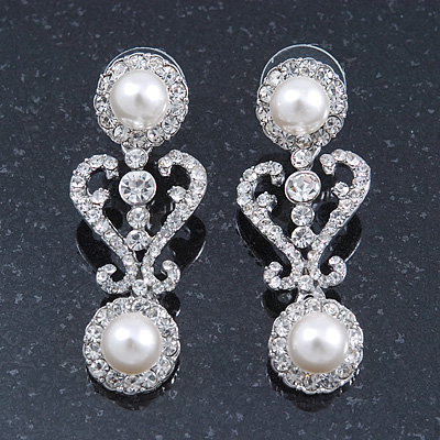 Bridal Wedding Prom Simulated Glass Pearl, Crystal Drop Earrings In Rhodium Plating - 45mm Length
