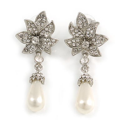 Bridal, Prom, Wedding Austrian Crystal, White Simulated Glass Pearl 'Flower' Drop Earrings In Rhodium Plating - 50mm Length - main view