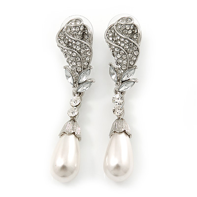 Bridal, Prom, Wedding Austrian Crystal, White Simulated Glass Pearl 'Rose' Drop Earrings In Rhodium Plating - 60mm Length