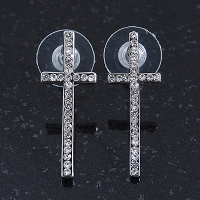 Rhodium Plated Clear Austrian Crystals 'Cross' Stud Earrings - 30mm Length - main view