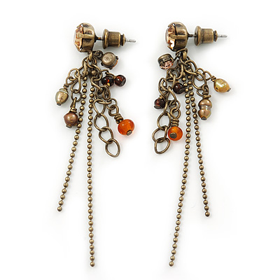 Vintage Inspired Bead And Chain Drop Earrings In Antique Gold Metal - 60mm Length
