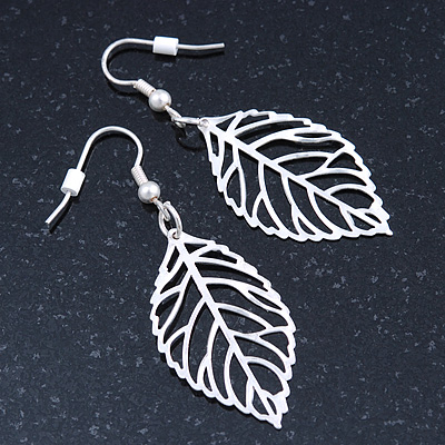 Light Silver Tone Leaf Drop Earrings - 55mm L