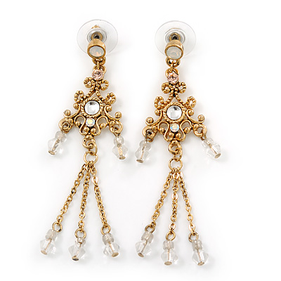 Vintage Inspired Gold Plated, Transparent Glass Bead Chain Tassel Drop Earrings - 65mm Length