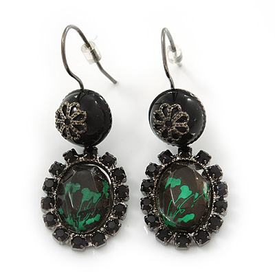 Victorian Style Oval Black, Green Crystal Drop Earrings In Gun Metal - 45mm Length
