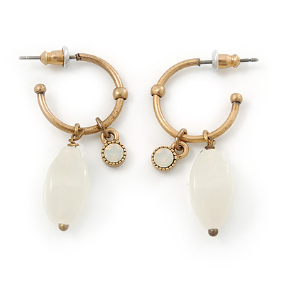 Small Vintage Inspired Antique Gold Tone Hoop Earrings With Milky White Glass Bead - 35mm Length