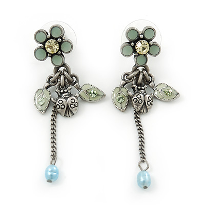Vintage Inspired Pale Blue Enamel Freshwater Pearl 'Flower & Ladybug' Drop Earrings In Antique Silver Tone - 50mm Length - main view