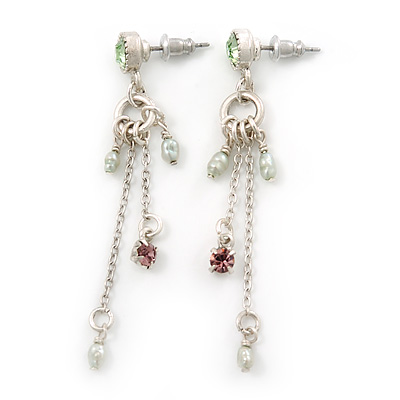 Vintage Inspired Freshwater Pearl, Crystal Chain Tassel Drop Earrings In Light Silver Tone - 55mm Length