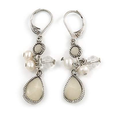 Off White Acrylic Bead, Simulated Pearl Drop Earrings With Leverback Closure In Silver Tone - 45mm L