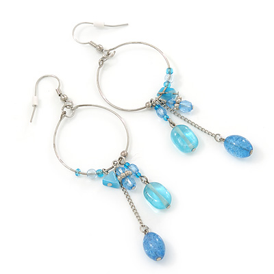 Silver Tone Light Blue Glass Bead Charm Hoop Earrings - 95mm Length - main view