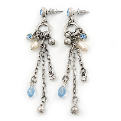 Vintage Inspired Freshwater Pearl, Light Blue Crystal Chain Tassel Drop Earrings In Silver Tone - 75mm L