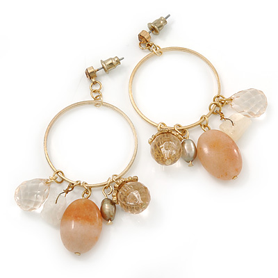Vintage Inspired Glass Bead, Freshwater Pearl, Beige Quartz Stone Hoop Earrings In Gold Plating - 65mm Length