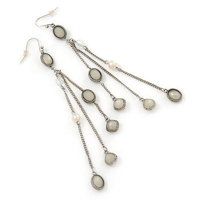 Long Chain Milky White Bead Dangle Earrings In Antique Silver Metal - 11.5cm Length