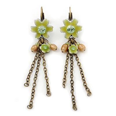 Light Green Enamel, Crystal Flowers, Chains Drop Earrings With Leverback Closure In Burn Gold Tone - 60mm Length