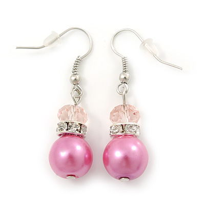 Pink Simulated Pearl, Crystal Drop Earrings In Rhodium Plating - 40mm Length - main view
