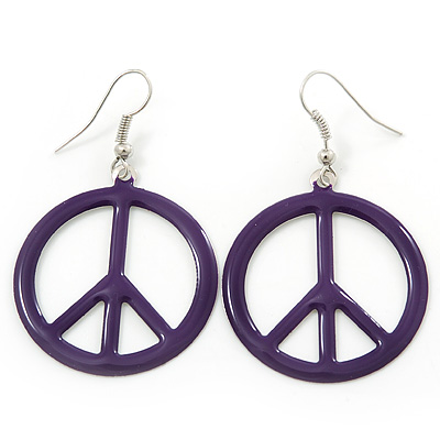 Purple Enamel 'Peace' Drop Earrings In Silver Plating - 50mm Length