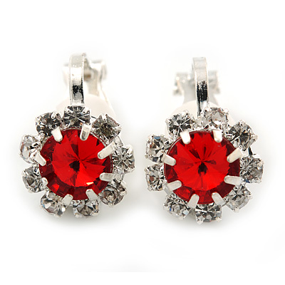 Small Red, Clear Crystal Floral Clip On Earrings In Silver Tone - 15mm L
