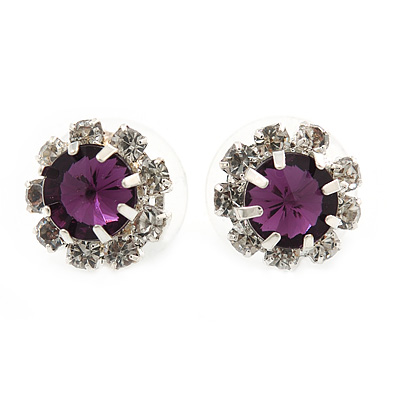 Small Purple/Clear Diamante Stud Earrings In Silver Finish - 10mm Diameter