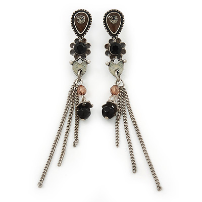 Vintage Inspired Brown, Grey Enamel Floral, Chain Tassel Drop Earrings In Burn Silver Tone - 8cm Length