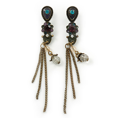 Vintage Inspired Purple, Olive Enamel Floral, Chain Tassel Drop Earrings In Bronze Tone - 8cm Length