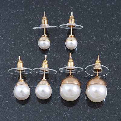 Set Of 3 White Simulated Glass Pearl Stud Earrings (10mm, 8mm, 6mm) In Gold Tone - main view