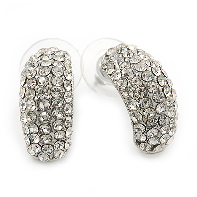 Clear Austrian Crystal C-Shape Stud Earrings In Rhodium Plating - 20mm Length
