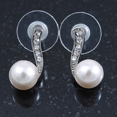 Bridal/ Prom/ Wedding White Simulated Pearl Crystal Stud Earrings In Rhodium Plating - 17mm L