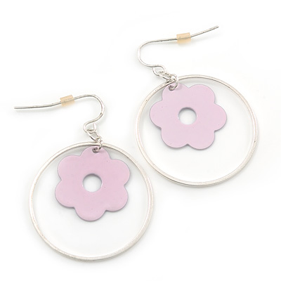 Silver Tone Hoop With Pink Flower Drop Earrings - 45mm Length