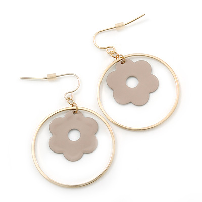 Gold Plated Hoop With Magnolia Flower Drop Earrings - 45mm Length