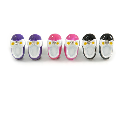 Set Of 3 Children's/ Teen's / Kid's Small Enamel 'Shoe' Stud Earrings In Pink/ Purple/ Black - 13mm Length Tone - 13mm L