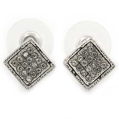Small Square Crystal Stud Earrings In Rhodium Plating - 10mm Width