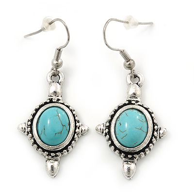 Vintage Inspired Turquoise Stone Oval Drop Earrings In Antique Silver Tone - 45mm Length