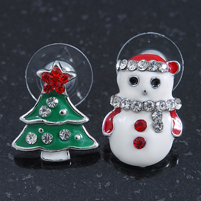 Green Christmas Tree & White Snowman Diamante Stud Earrings In Rhodium Plating - 20mm Width