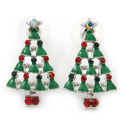 Red, Deep Green Crystal, Green Enamel Christmas Tree Stud Earrings In Rhodium Plating - 30mm Length