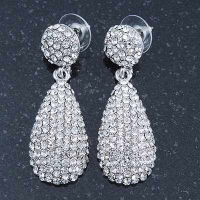 Bridal, Prom, Wedding Pave Clear Austrian Crystal Teardrop Earrings In Rhodium Plating - 48mm Length - main view