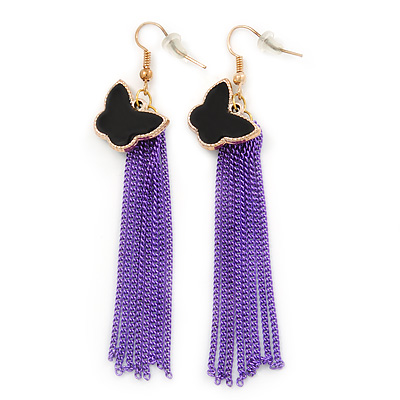 Black Enamel Butterfly & Purple Chain Dangle Earrings In Gold Plating - 85mm Length