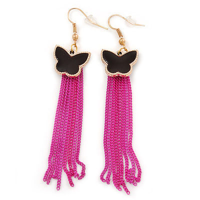 Black Enamel Butterfly & Deep Pink Chain Dangle Earrings In Gold Plating - 85mm Length