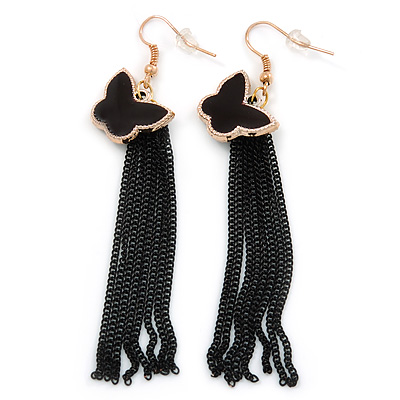 Black Enamel Butterfly & Chain Dangle Earrings In Gold Plating - 85mm Length