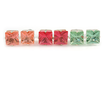 Set Of 3 Classic Crystal Square Cut Stud Earrings In Silver Tone (Light Pink/ Pink/ Aqua)) - 8mm