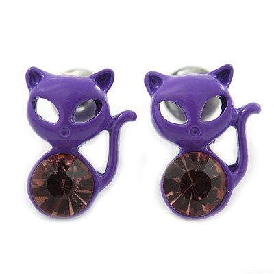 Teen's Purple Crystal Kitty Stud Earrings In Silver Tone Metal - 12mm Length